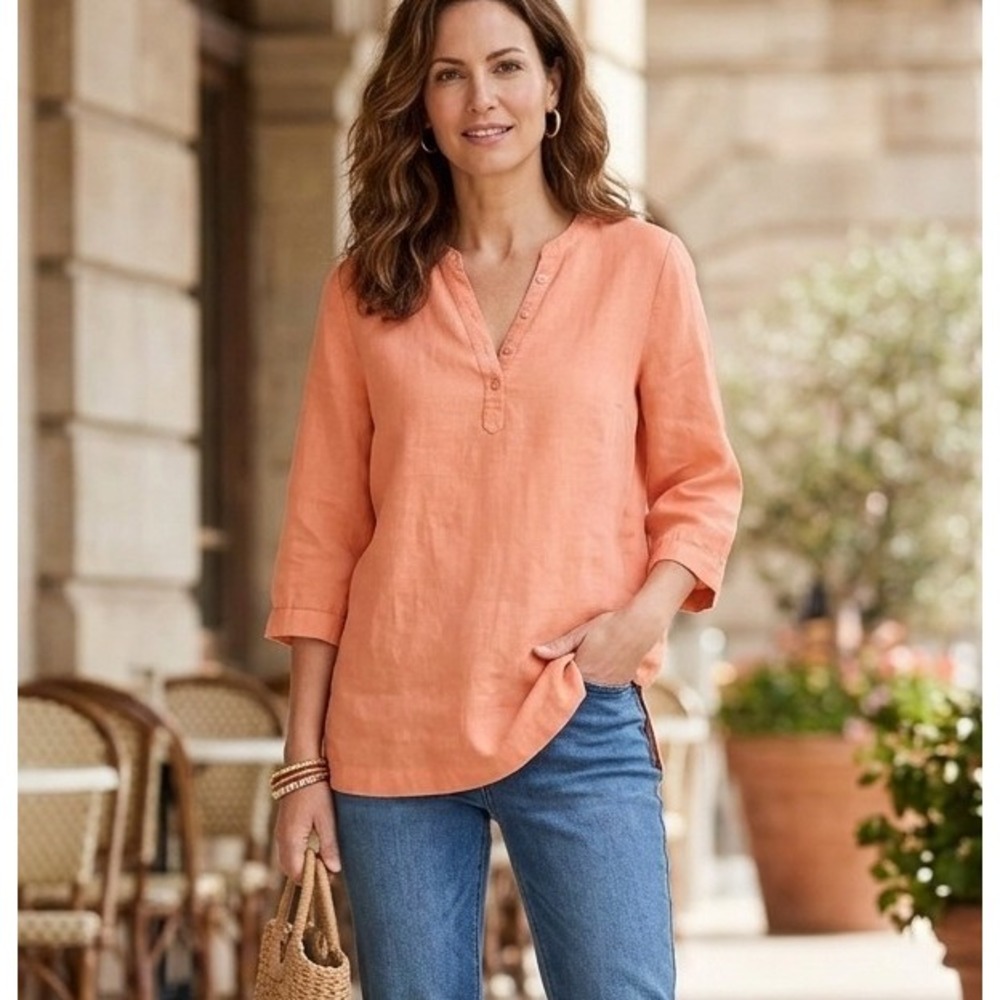 Lulu-B Women Peach Coral 100%‎ Linen 3/4 Sleeve Split V-Neck Tunic Blouse Small